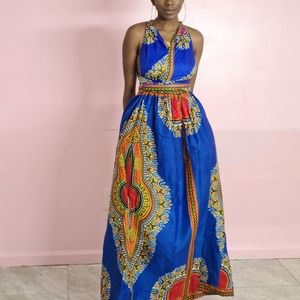 African Round Neck Sleeveless Dashiki Maxi Dress